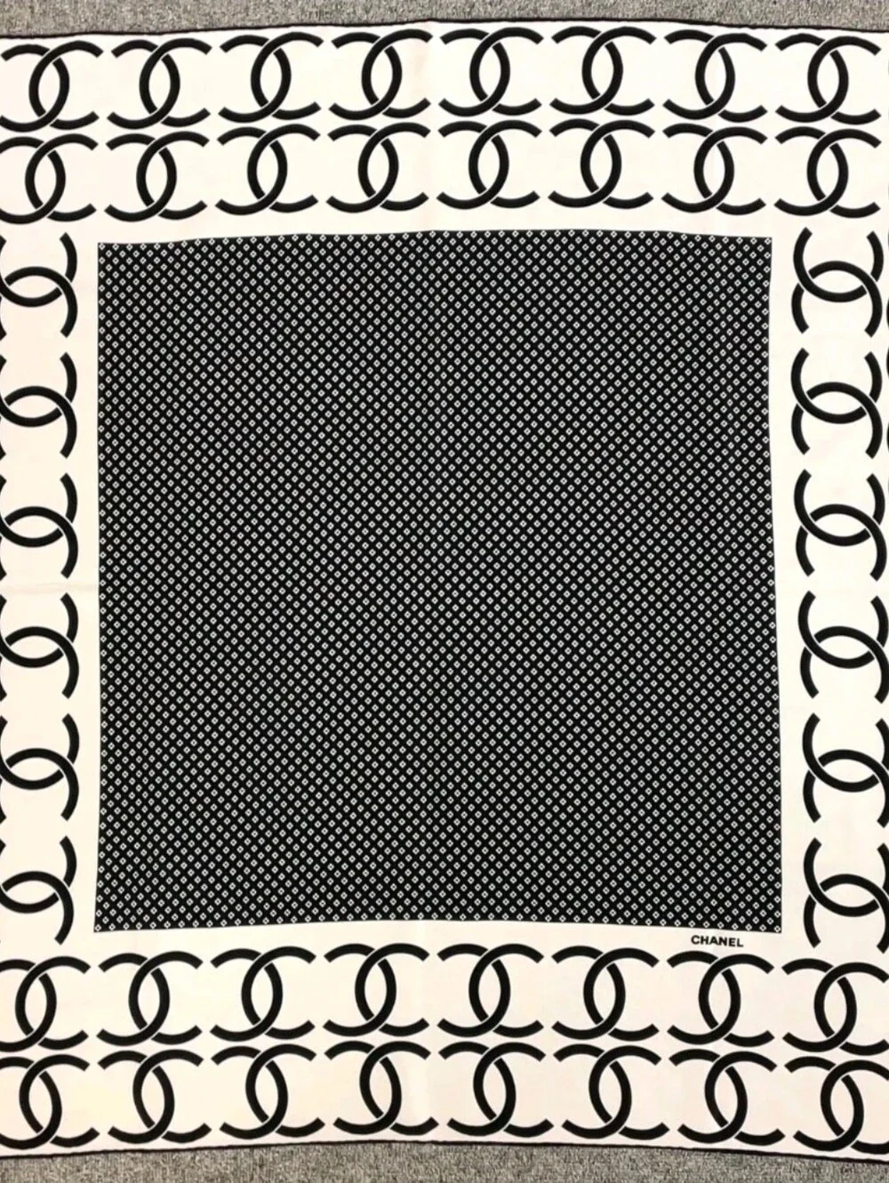 CHANEL Black & White Interlocking CC Silk Scarf
